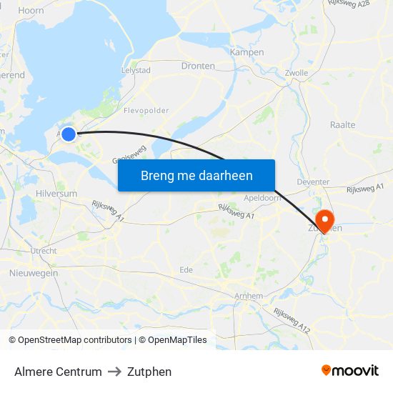 Almere Centrum to Zutphen map