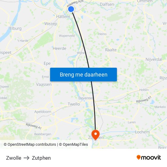 Zwolle to Zutphen map