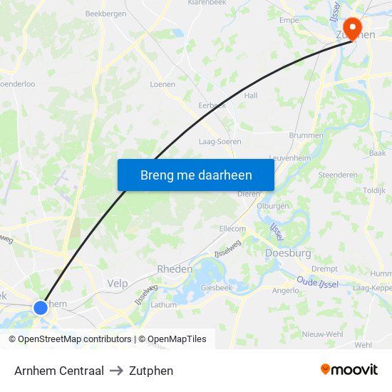 Arnhem Centraal to Zutphen map