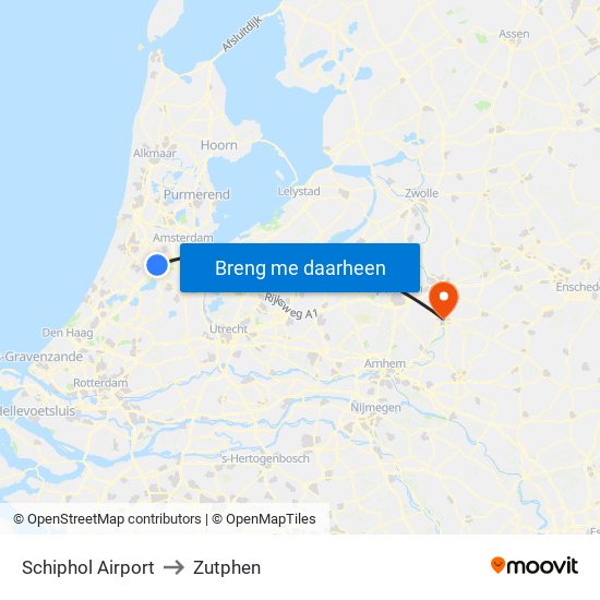 Schiphol Airport to Zutphen map