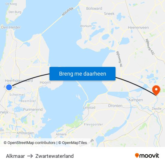 Alkmaar to Zwartewaterland map