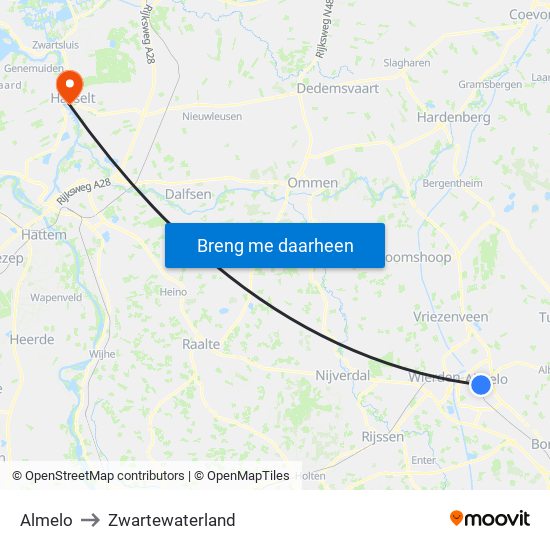 Almelo to Zwartewaterland map