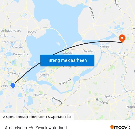 Amstelveen to Zwartewaterland map