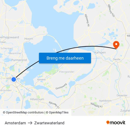 Amsterdam to Zwartewaterland map