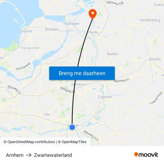 Arnhem to Zwartewaterland map