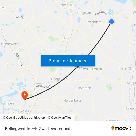 Bellingwedde to Zwartewaterland map