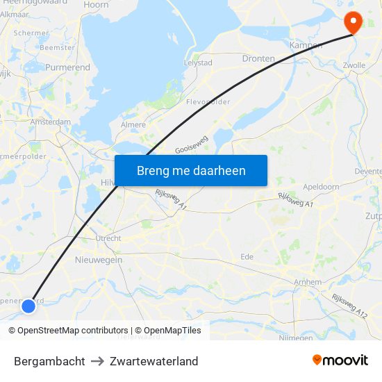 Bergambacht to Zwartewaterland map