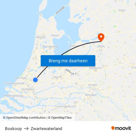 Boskoop to Zwartewaterland map