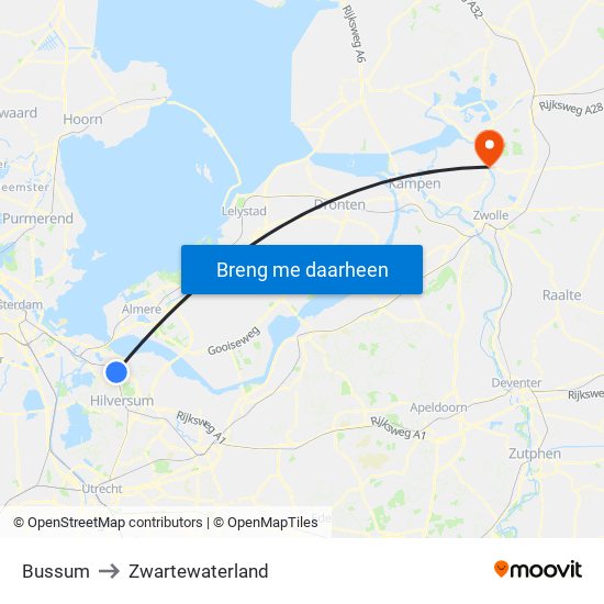 Bussum to Zwartewaterland map