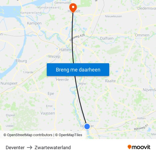 Deventer to Zwartewaterland map