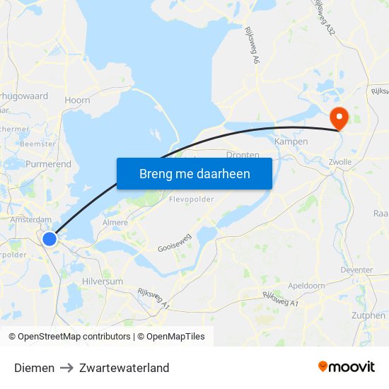 Diemen to Zwartewaterland map