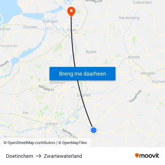 Doetinchem to Zwartewaterland map