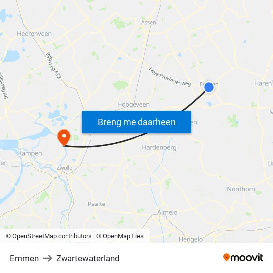 Emmen to Zwartewaterland map