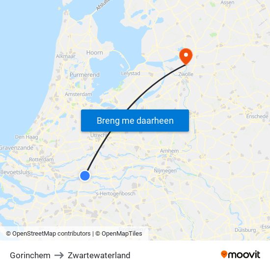 Gorinchem to Zwartewaterland map