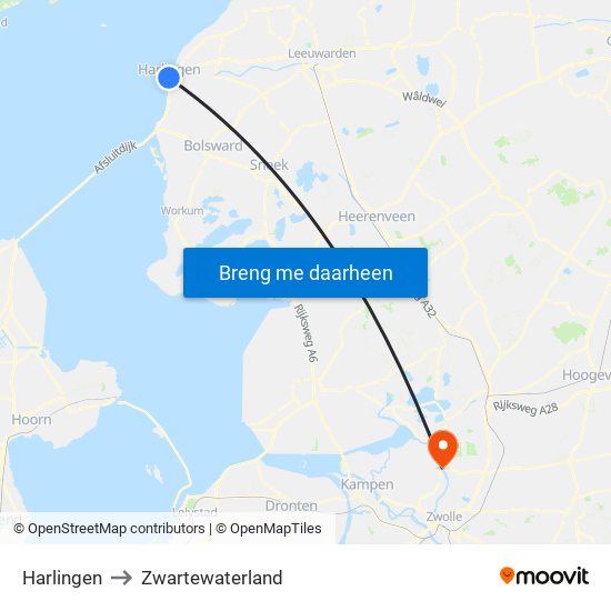 Harlingen to Zwartewaterland map