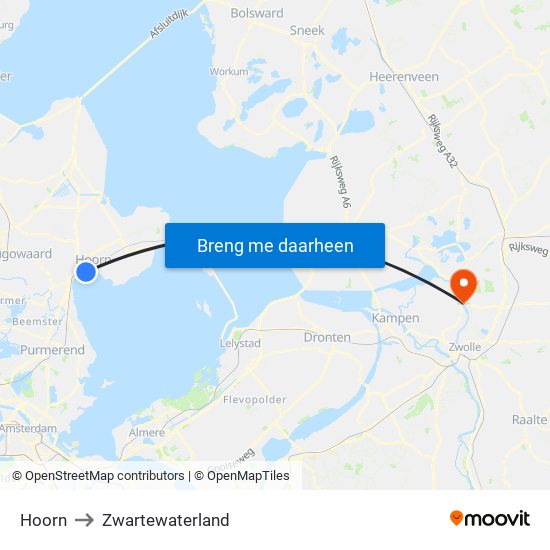 Hoorn to Zwartewaterland map