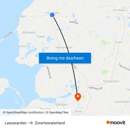 Leeuwarden to Zwartewaterland map