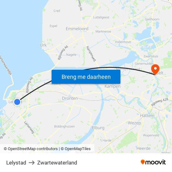 Lelystad to Zwartewaterland map