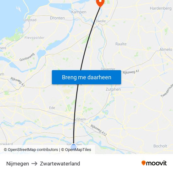 Nijmegen to Zwartewaterland map