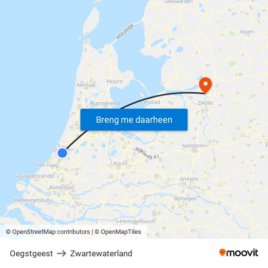 Oegstgeest to Zwartewaterland map
