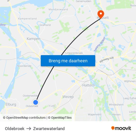Oldebroek to Zwartewaterland map
