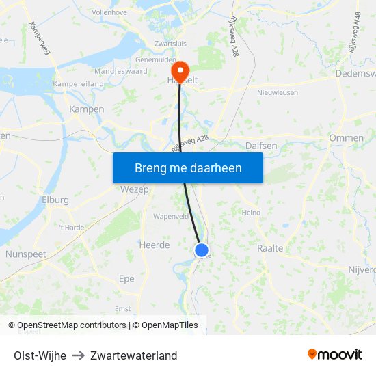 Olst-Wijhe to Zwartewaterland map