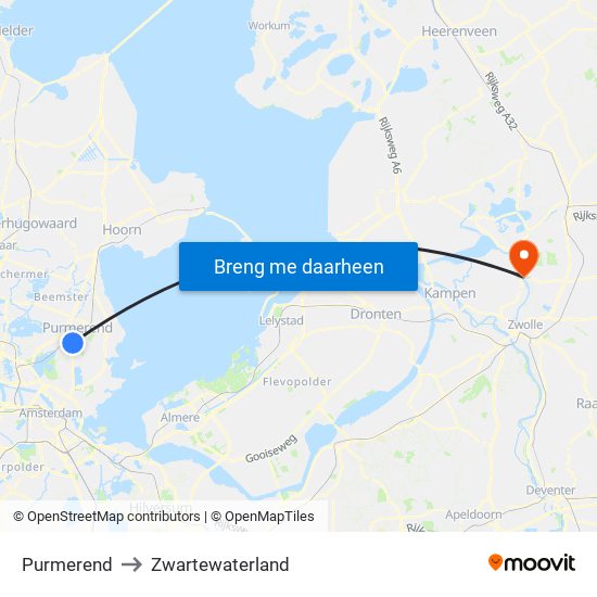 Purmerend to Zwartewaterland map