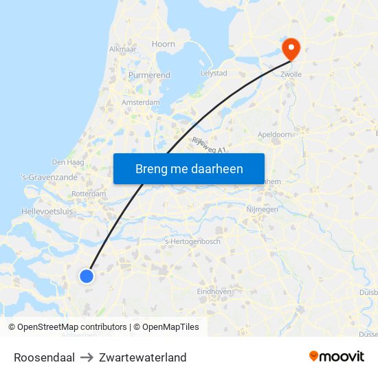 Roosendaal to Zwartewaterland map