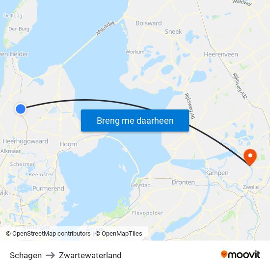 Schagen to Zwartewaterland map