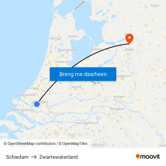 Schiedam to Zwartewaterland map