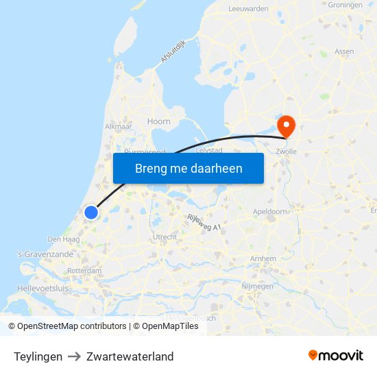 Teylingen to Zwartewaterland map