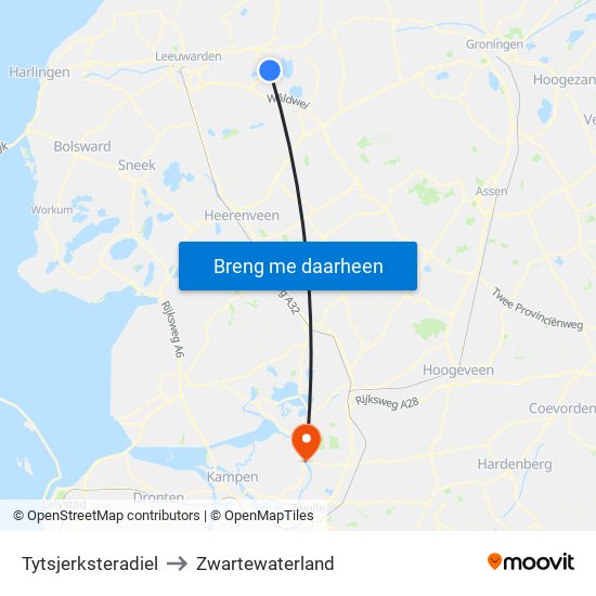 Tytsjerksteradiel to Zwartewaterland map