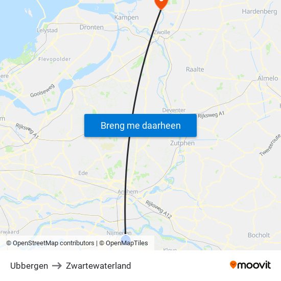 Ubbergen to Zwartewaterland map