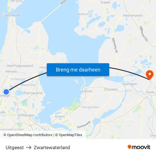 Uitgeest to Zwartewaterland map