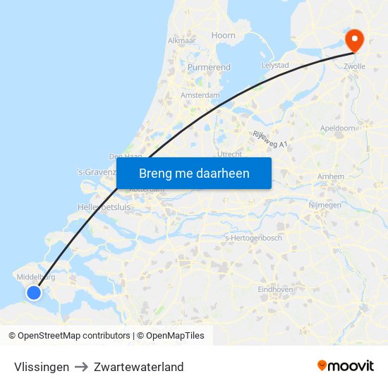 Vlissingen to Zwartewaterland map