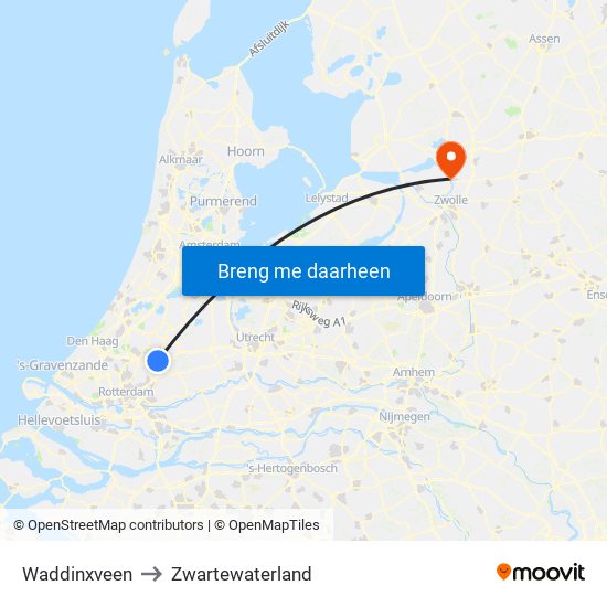 Waddinxveen to Zwartewaterland map