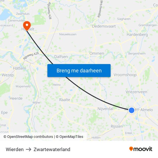 Wierden to Zwartewaterland map
