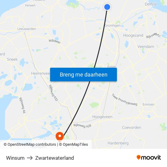 Winsum to Zwartewaterland map