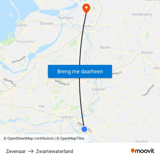 Zevenaar to Zwartewaterland map