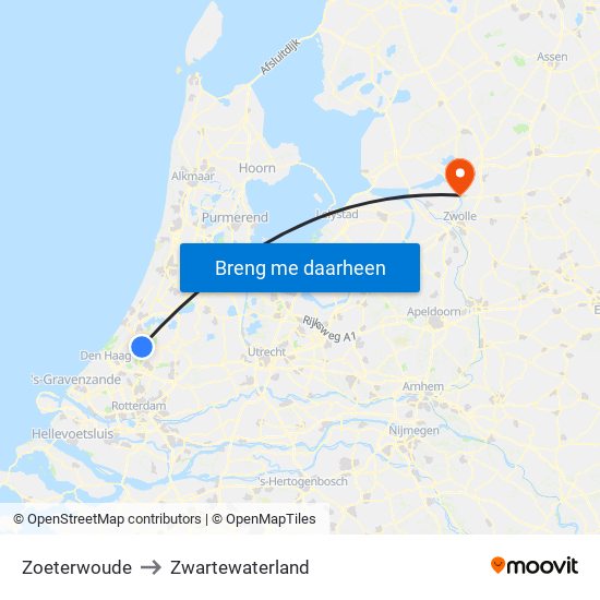 Zoeterwoude to Zwartewaterland map