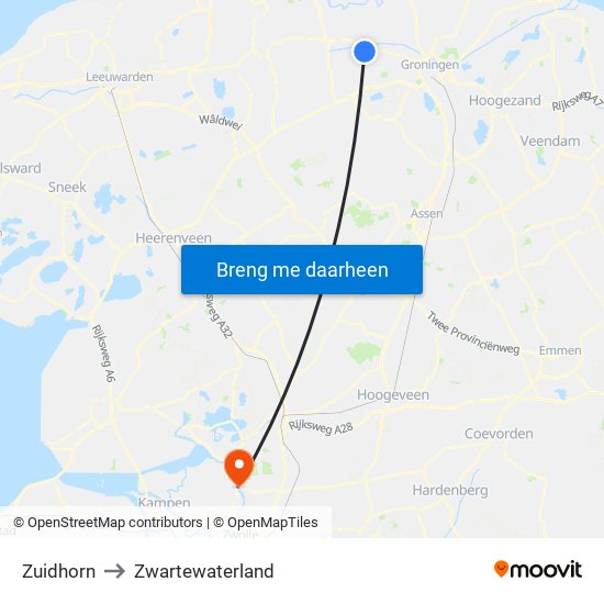Zuidhorn to Zwartewaterland map