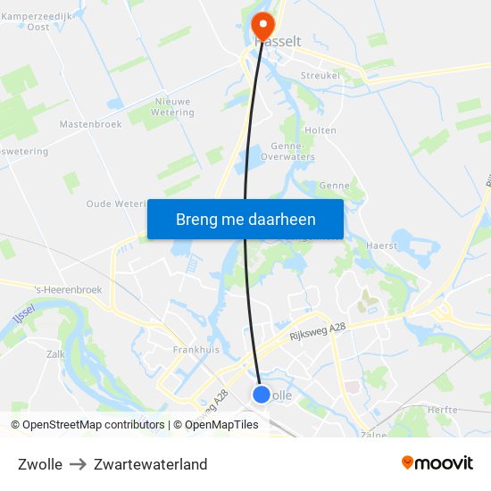Zwolle to Zwartewaterland map
