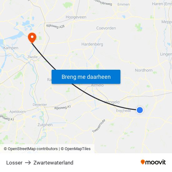 Losser to Zwartewaterland map