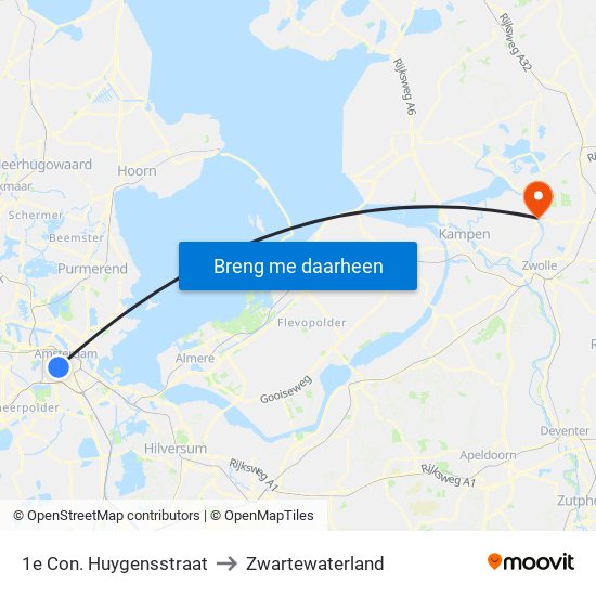 1e Con. Huygensstraat to Zwartewaterland map