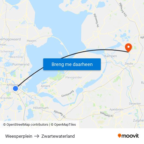 Weesperplein to Zwartewaterland map