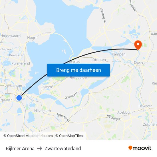 Bijlmer Arena to Zwartewaterland map