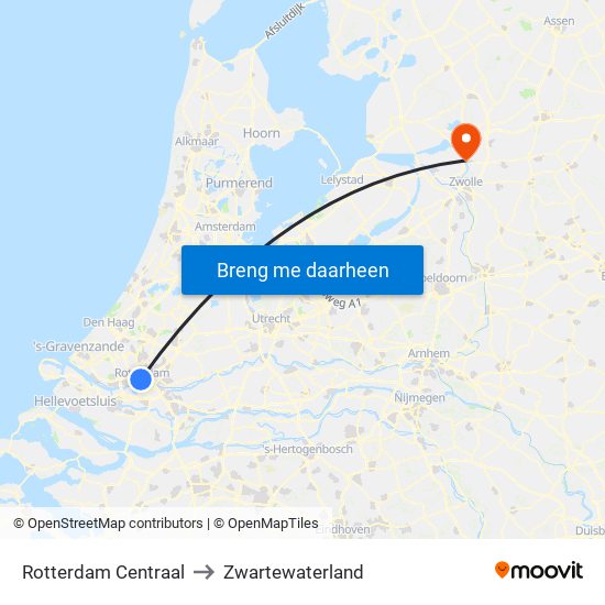 Rotterdam Centraal to Zwartewaterland map