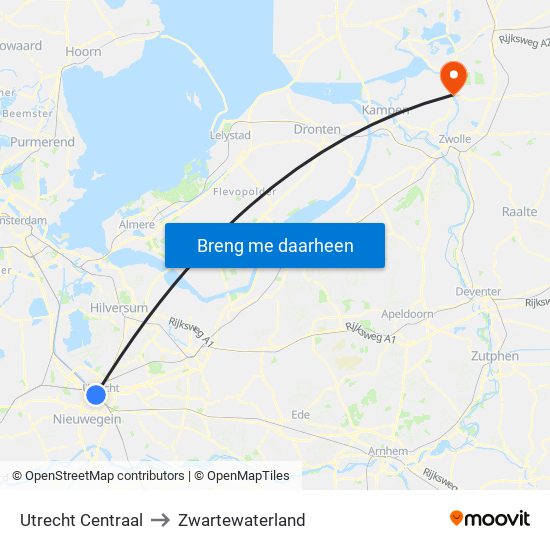 Utrecht Centraal to Zwartewaterland map