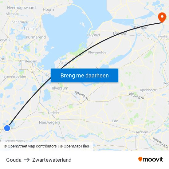 Gouda to Zwartewaterland map