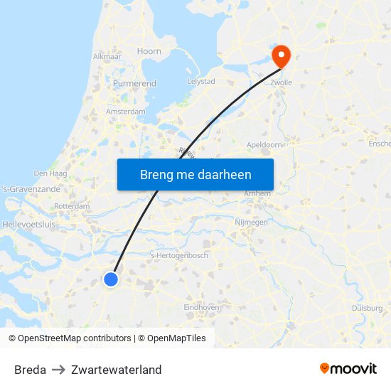 Breda to Zwartewaterland map